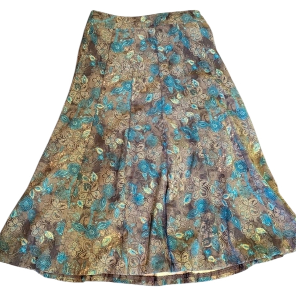 Whimsygoth Floral Midi Skirt Boho Grannycore A-Line Blue Brown Size 12